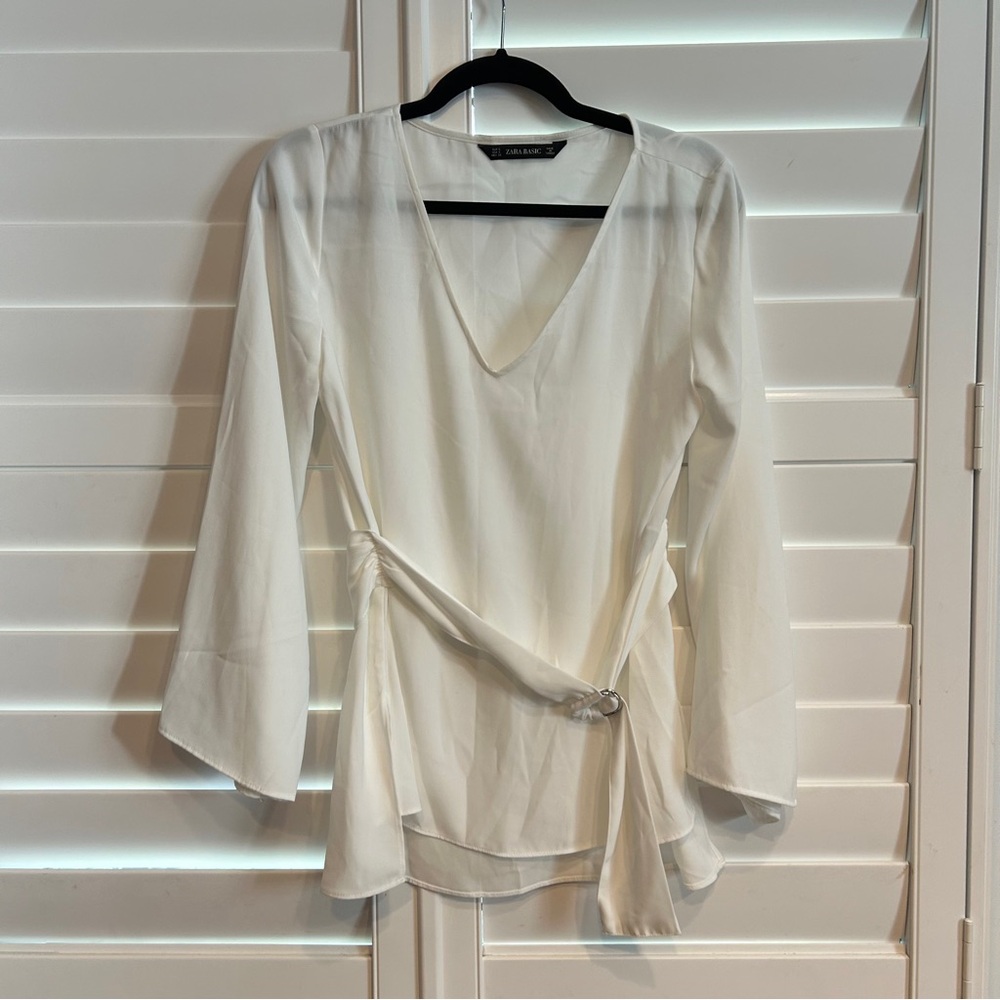 Zara Belted V Neck Blouse White Size Small